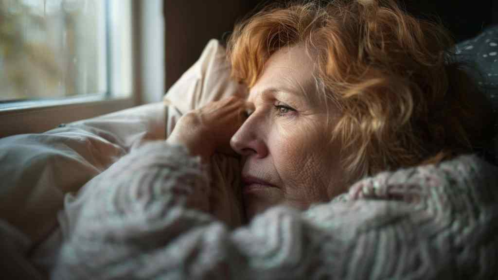 An older woman with curly hair rests her head on a pillow and looks pensively out of a window, illuminated by soft natural light.