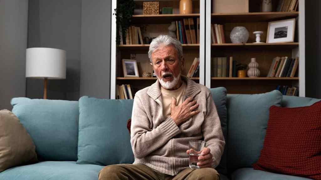 An elderly man sits on a blue sofa with one hand on his chest and holds a glass of water in the other, looking concerned. Bookshelves are in the background.