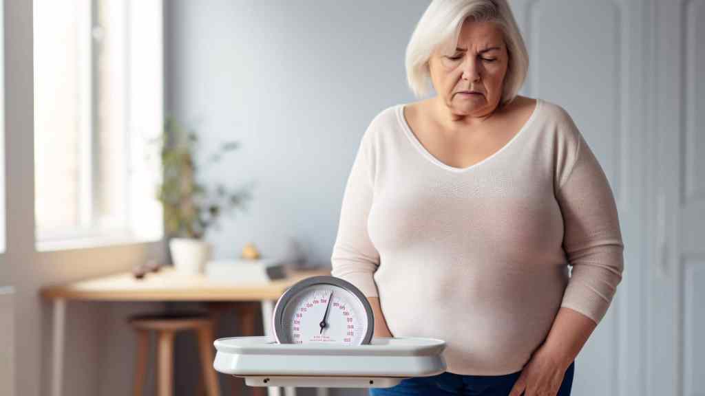 An older woman stands indoors, looking down with concern at a scale displaying her weight.