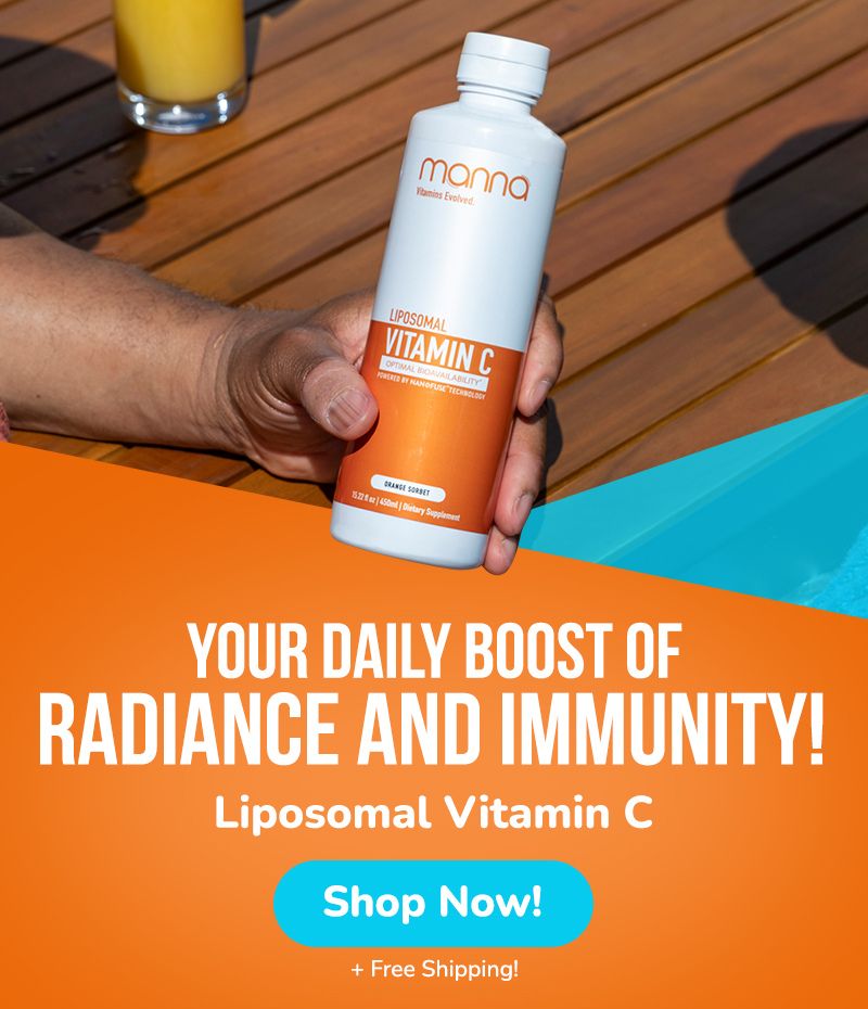 Hand holding Manna Liposomal Vitamin C supplement bottle beside a swimming pool, with text promoting daily radiance and immunity boost, along with a 'Shop Now!' button and free shipping offer.