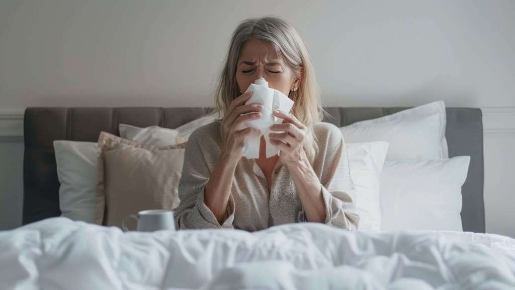 A woman sitting up in bed blows her nose into a tissue, with a mug and pillows around her, suggesting she may be unwell.