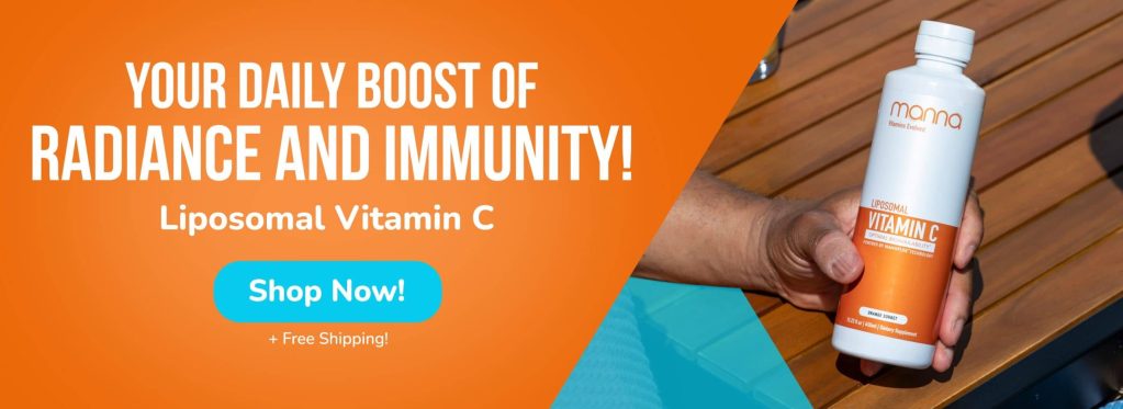 A hand holds a bottle of liposomal vitamin C in an advertisement promoting daily radiance and immunity boosts. Text on the ad includes "Shop Now!" and "+ Free Shipping!.