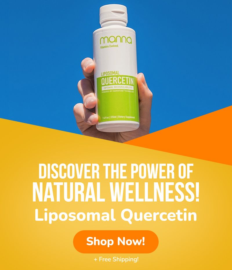 A hand holds a bottle of Manna Liposomal Quercetin against a blue and orange background. The text reads, "Discover the power of natural wellness! Liposomal Quercetin. Shop Now! + Free Shipping!.