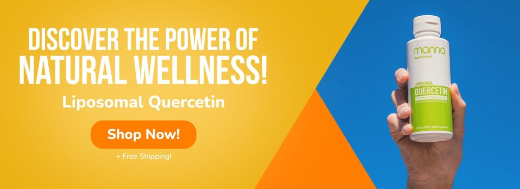A hand holds a bottle of Mama Liposomal Quercetin against a blue background. Text promotes natural wellness and free shipping, encouraging viewers to "Shop Now!.