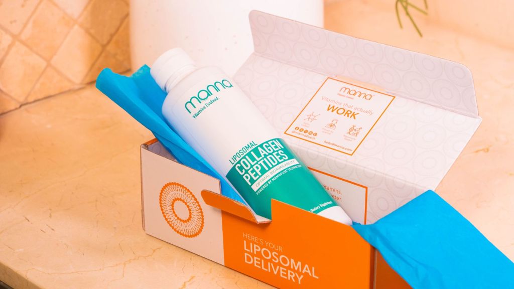 a manna shipping box with collagen peptides bottle inside
