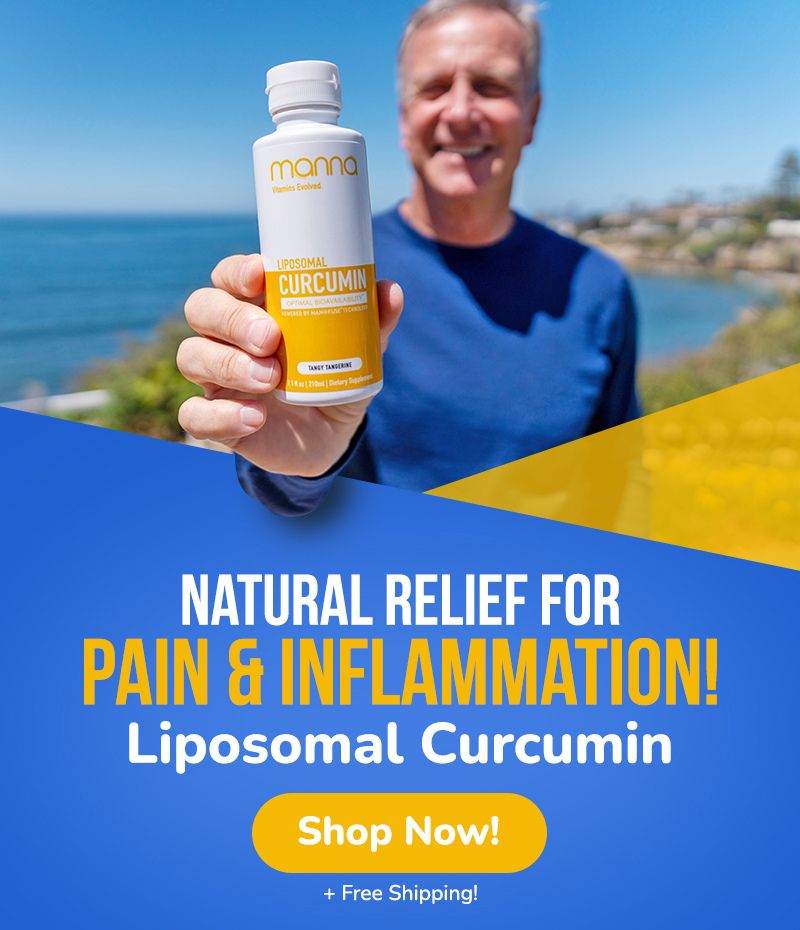 A person holds a bottle of Mama Liposomal Curcumin, promoting natural relief for pain and inflammation. The image also highlights free shipping and a "Shop Now!" button.