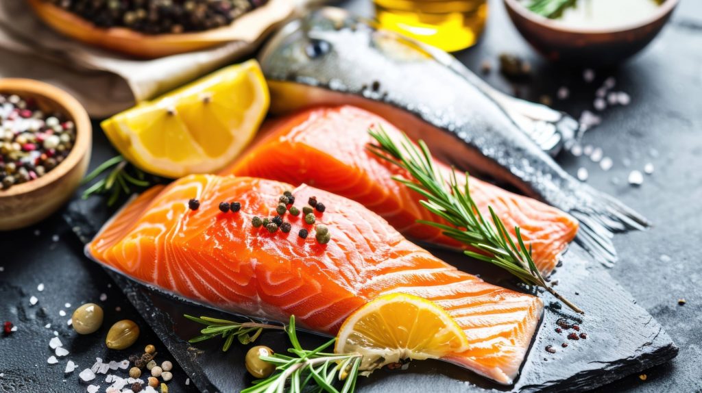 Fresh salmon fillets garnished with black pepper, lemon slices, and rosemary, displayed on a slate board surrounded by various spices.