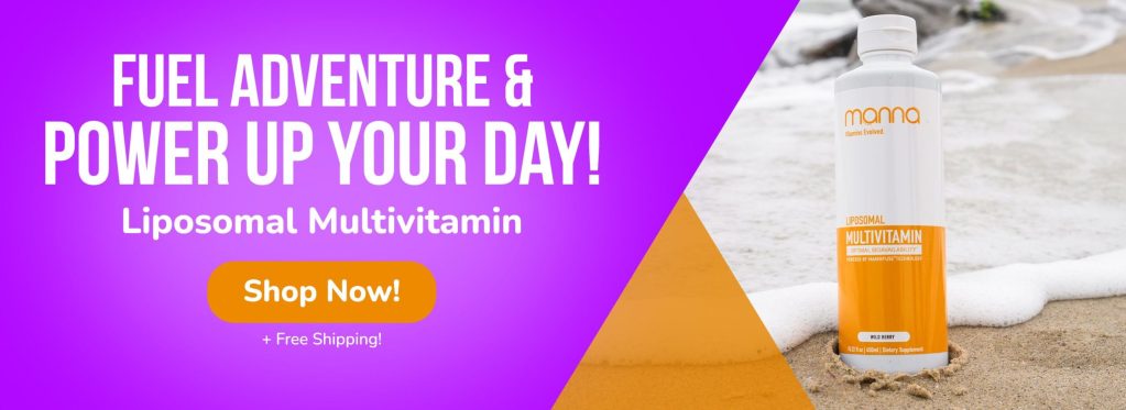 A bottle of liposomal multivitamin stands on the sand next to the ocean waves. The text reads, "Fuel adventure & power up your day! Liposomal Multivitamin. Shop Now! + Free Shipping!.