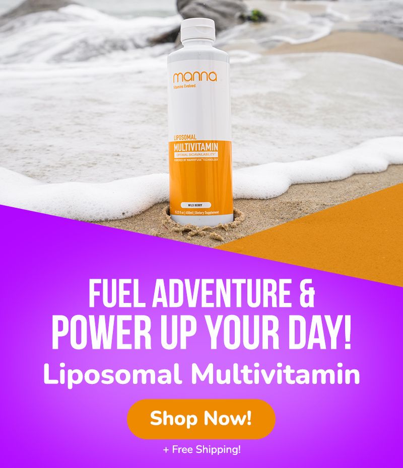 Advertisement for a Liposomal Multivitamin bottle standing on a beach with waves in the background. Text reads, "Fuel Adventure & Power Up Your Day! Liposomal Multivitamin. Shop Now! + Free Shipping!.