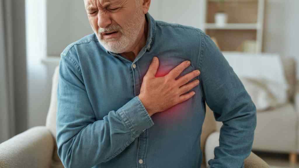 Older man clutching his chest with a pained expression, highlighting discomfort or chest pain, possibly indicating a heart problem.