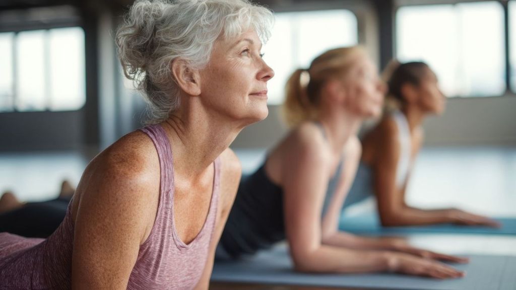 Three women, including an older woman in the foreground, practice yoga on mats indoors, all holding a cobra pose and looking forward.