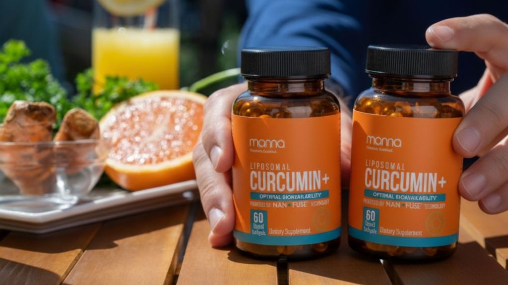 Two hands hold bottles labeled "Liposomal Curcumin+" dietary supplement on a table with grapefruit, turmeric root, greens, and a juice glass in the background.