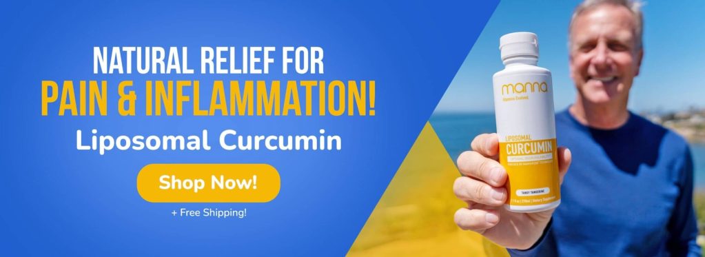 A person holding a bottle of Liposomal Curcumin next to text saying natural relief for pain and inflammation, with an option to shop now and get free shipping.