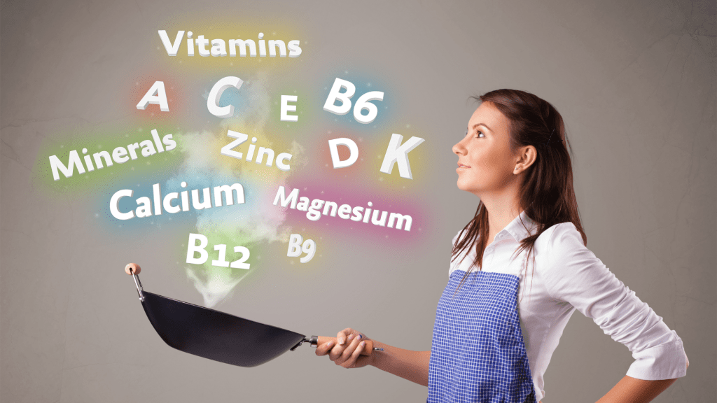 graphic of a woman cooking with names of vitamins above the "pan"