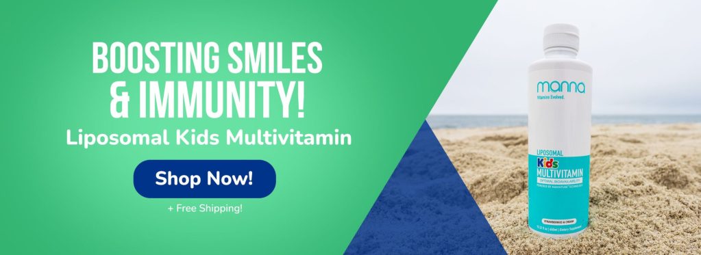 Bottle of liposomal kids multivitamin on the beach with text promoting boosted smiles and immunity. "Shop Now" button with free shipping offer.