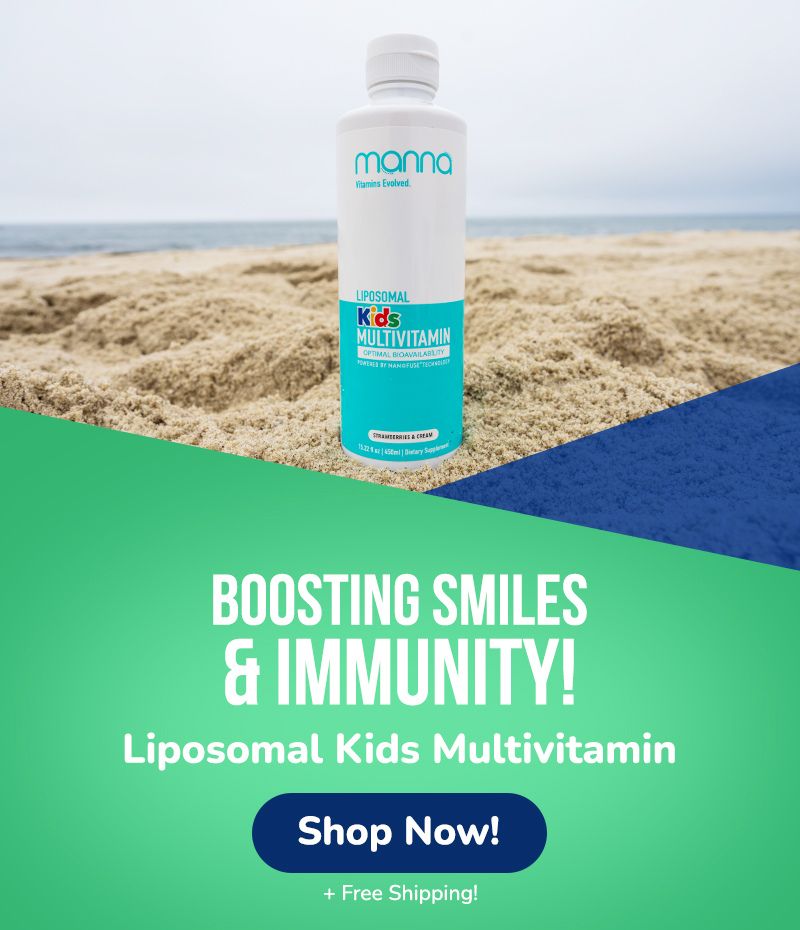 Bottle of Manna Liposomal Kids Multivitamin on a sandy beach with text promoting boosting smiles and immunity.