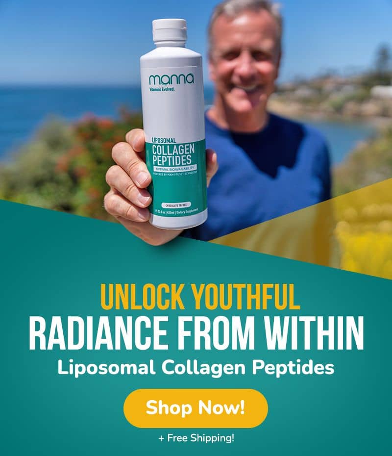 A person holding a bottle of Manna liposomal collagen peptides, promoting it as a way to unlock youthful radiance. Text below advertises free shipping and prompts viewers to shop now.