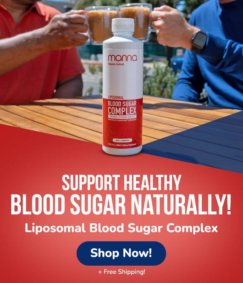 Two people holding drinks sit at a table with a bottle of Manna Liposomal Blood Sugar Complex. Text: "Support Healthy Blood Sugar Naturally! Shop Now! + Free Shipping!.