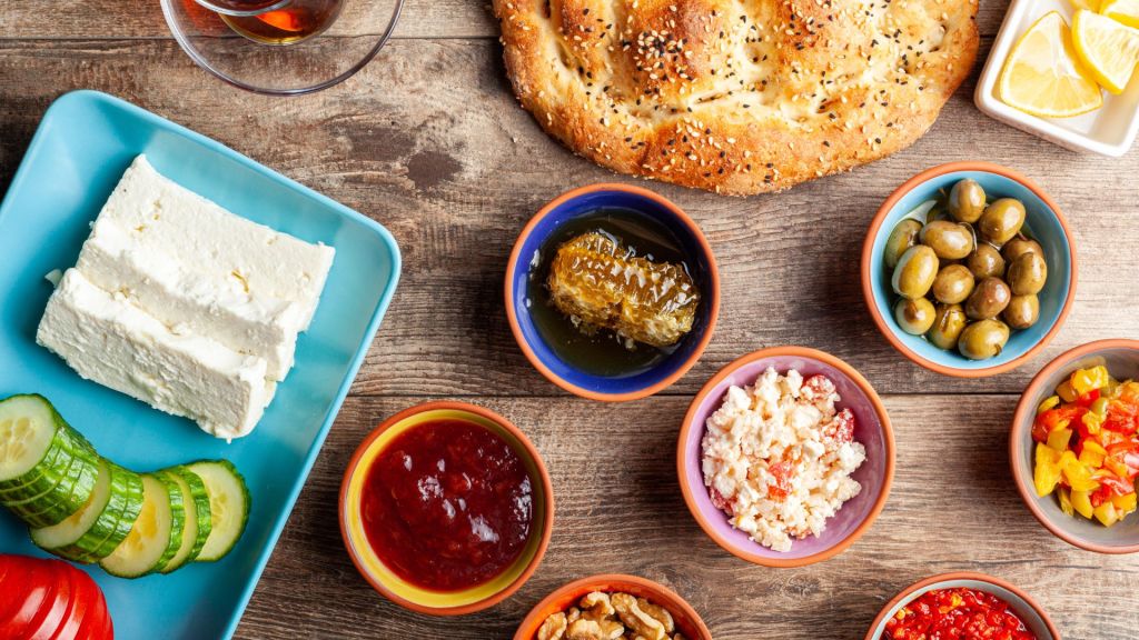 spread of small dishes of snacks.