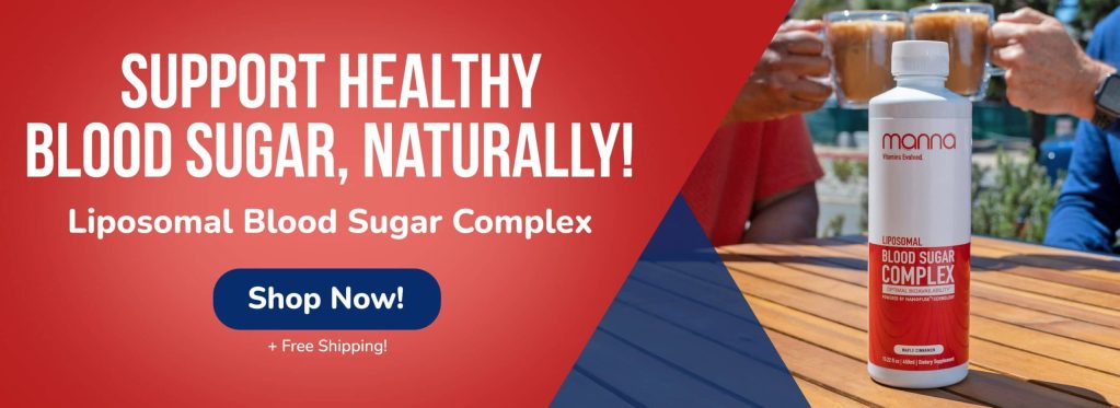 Advertisement for Mama Liposomal Blood Sugar Complex with the slogan "Support Healthy Blood Sugar, Naturally!" alongside a bottle of the product and people holding mugs in the background.