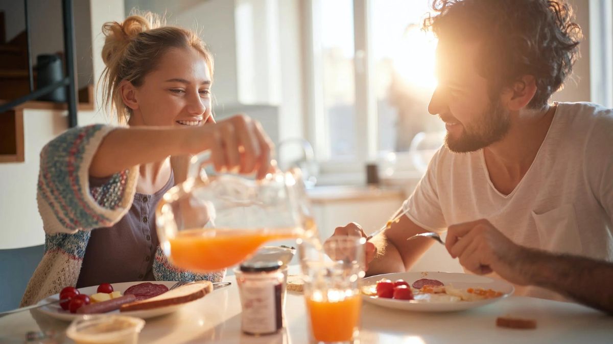 Two people enjoying a sunny breakfast together.