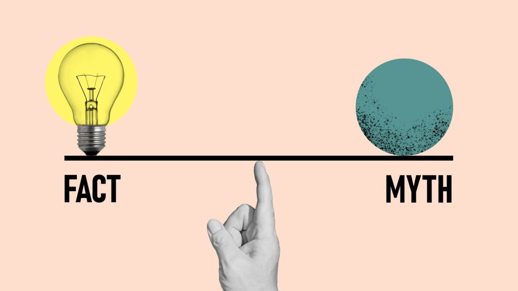 A hand points to the center of a horizontal line with a lightbulb labeled "Fact" on the left and a textured sphere labeled "Myth" on the right.