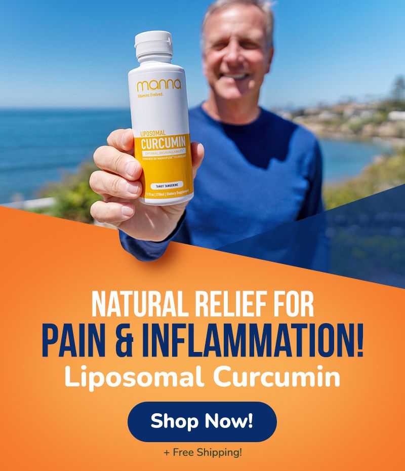 A person in a blue shirt holds up a bottle of liposomal curcumin supplement. Text in the image advertises the product as a natural relief for pain and inflammation with an option to shop now and get free shipping.