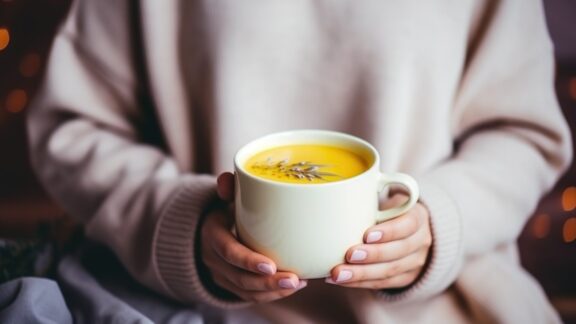 Person holding a creamy yellow beverage in a large, light-colored mug, with a sprig garnish inside the drink. The individual is wearing a cozy, light-colored sweater.