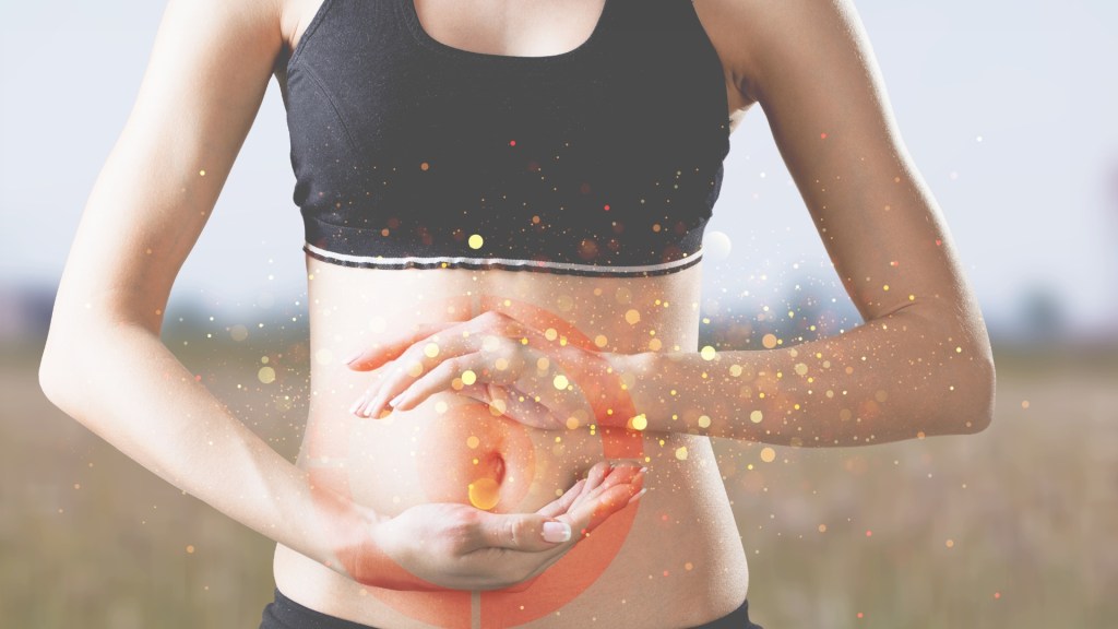 rendering of a woman with speckles around her stomach