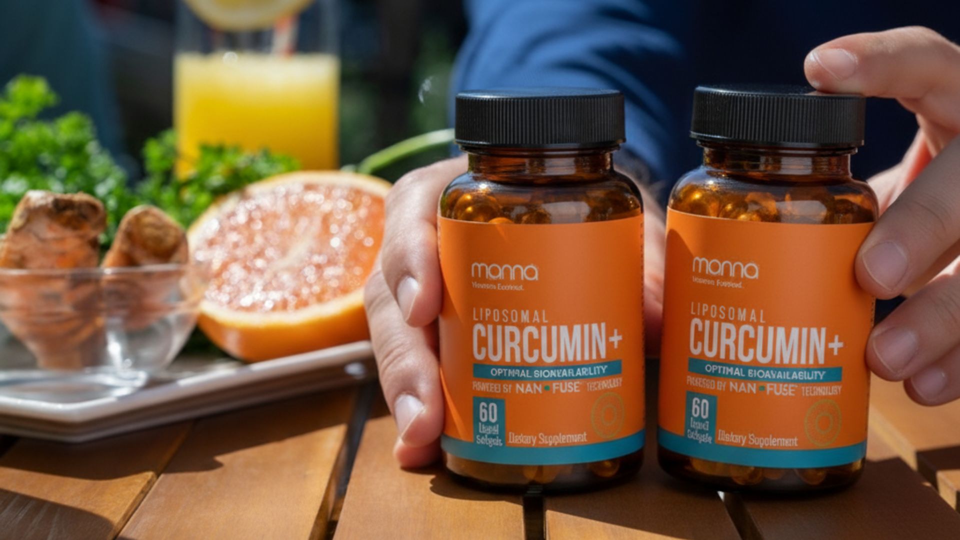 Two hands hold bottles labeled "Liposomal Curcumin+" dietary supplement on a table with grapefruit, turmeric root, greens, and a juice glass in the background.