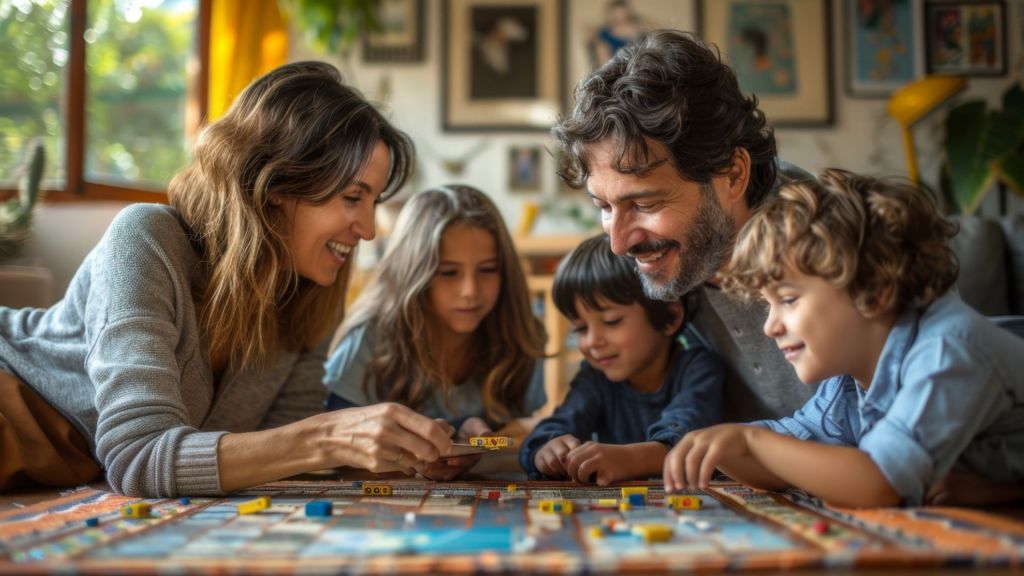 A family of five enjoys a board game together at a table surrounded by cozy home decor and natural light.