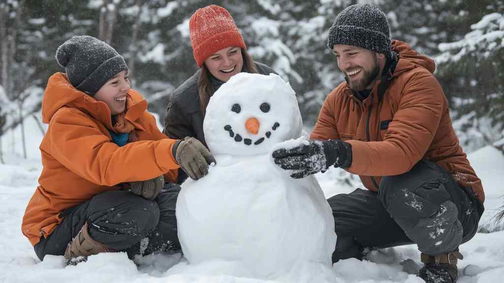 Three people in winter clothing smile while building a snowman in a snowy forest.