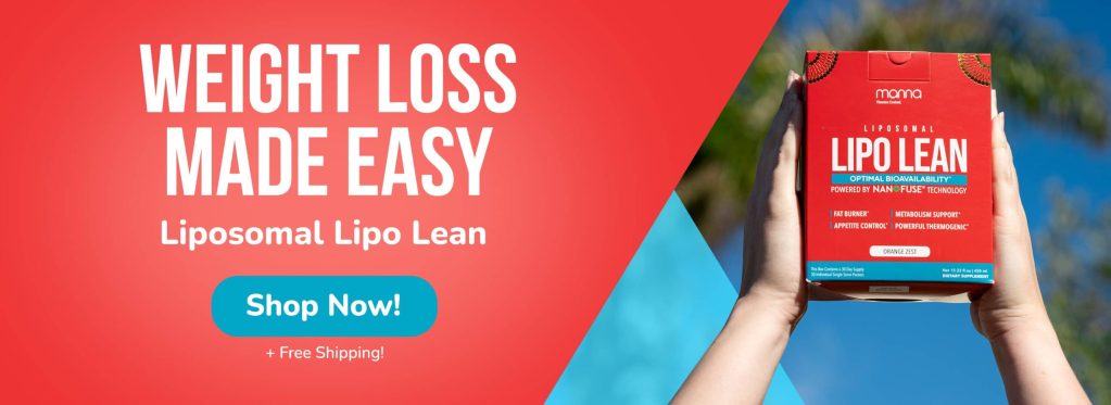 Advertisement for Liposomal Lipo Lean with the text "Weight Loss Made Easy" and a "Shop Now!" button. Package held in hands, set against a red and blue background with mention of free shipping.