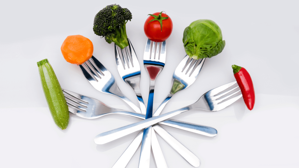 forks with different vegetables