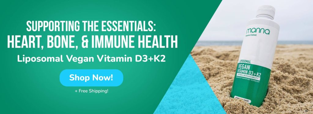 Advertisement for liposomal vegan Vitamin D3+K2 supplement by the beach with the text, "Supporting the essentials: heart, bone, & immune health. Shop now! + Free Shipping!.
