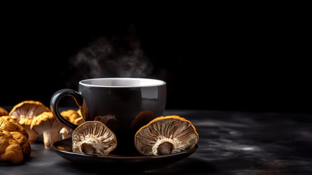 Steaming cup of coffee on a saucer with mushrooms