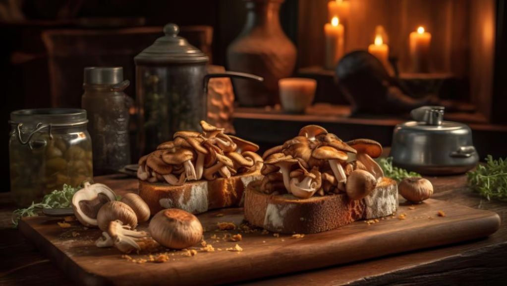 Toasted bread topped with sautéed mushrooms, surrounded by cooking ingredients and utensils, in a warmly lit, rustic kitchen setting.