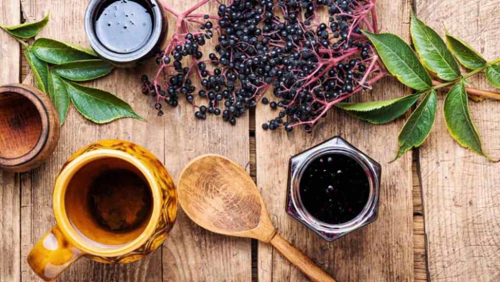 A rustic table setting with elderberries, a wooden spoon, a cup of tea, and elderberry syrup.