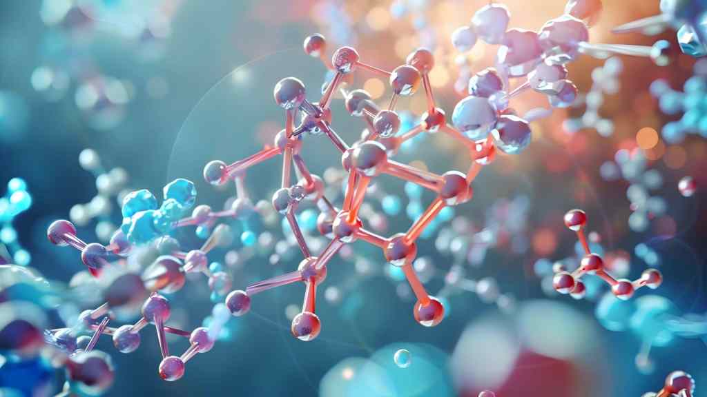 Colorful molecular structure with interconnected atoms on a blurred background, depicting a scientific or chemical illustration.