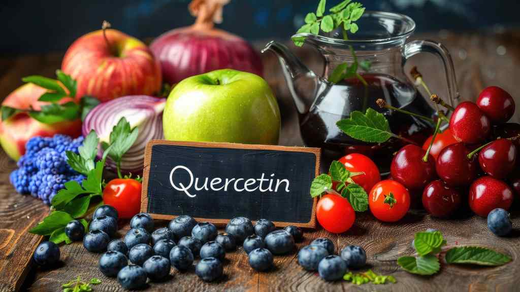Assorted fruits and vegetables, including apples, cherries, blueberries, tomatoes, and red onions, are arranged with a sign that reads "Quercetin" on a wooden table.