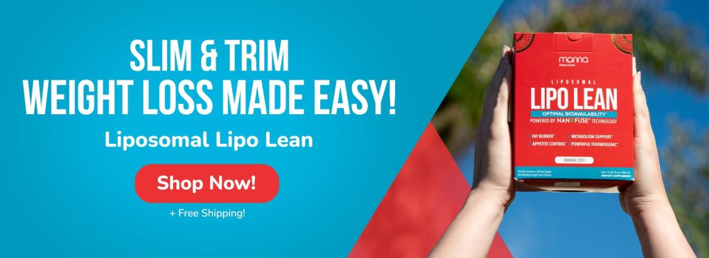 A person holds a box of "Liposomal Lipo Lean" against a blue and red background with text promoting weight loss and a "Shop Now" button.