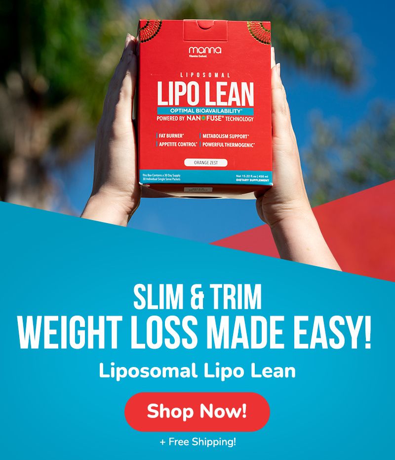Person holding a red box of "Liposomal Lipo Lean" supplement in front of them. Text on the image promotes weight loss benefits and free shipping.