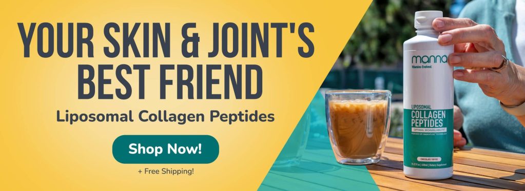 Advertisement for liposomal collagen peptides, showing a hand holding a bottle of the product with text promoting benefits for skin and joints. Includes a "Shop Now" button and mentions free shipping.