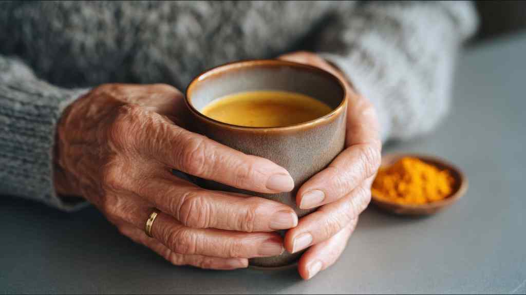 Close-up of elderly hands holding a mug filled with a yellow beverage, with a small dish of yellow powder nearby on a gray surface.