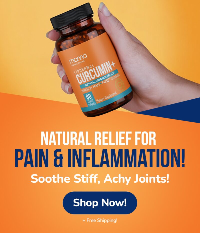 A hand holds a bottle of Momna Liposomal Curcumin+ supplement against an orange background with text promoting natural relief for pain and inflammation.