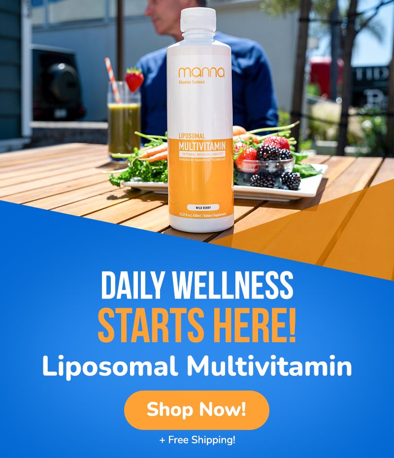 Image of a promotional ad for Manna Liposomal Multivitamin. The ad features a bottle of the product on a table with food, accompanied by text encouraging daily wellness and offering free shipping.