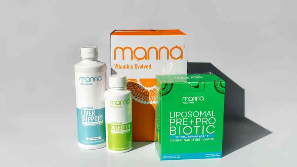 A collection of Manna supplement products including Liver Support, Quercetin, and Liposomal Pre+Probiotic displayed against a plain background.