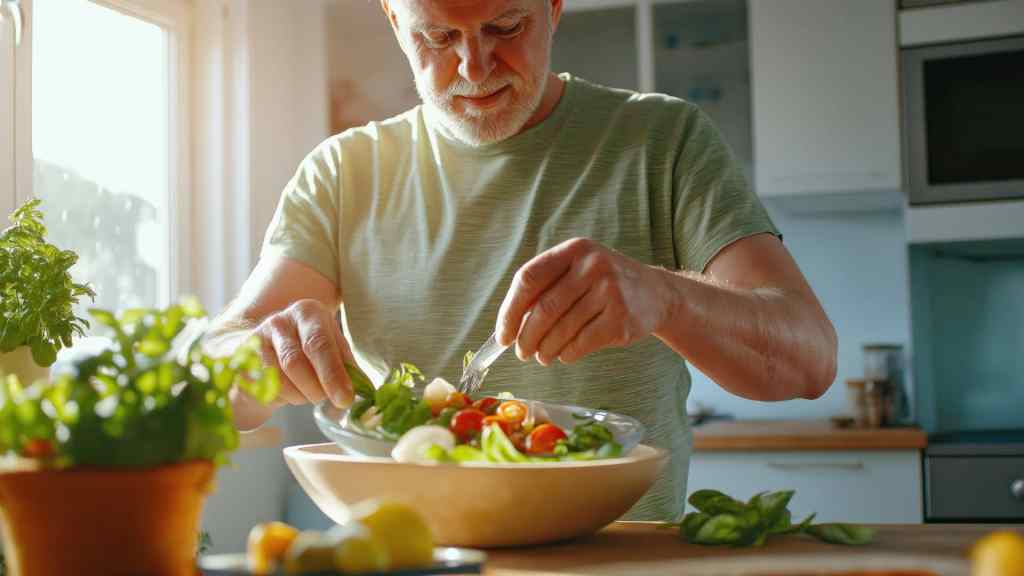 Older adult man in a green shirt preparing a fresh salad with vegetables in a bright kitchen.