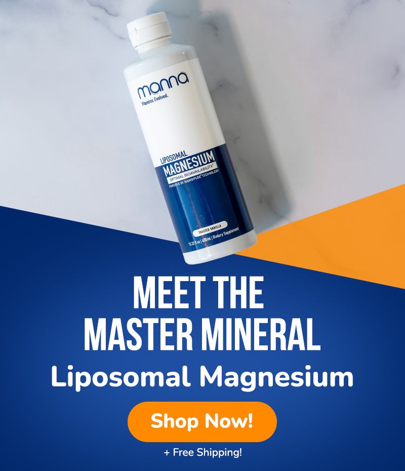A bottle of Manna Liposomal Magnesium is displayed on a marble surface with the text "Meet the Master Mineral" and "Shop Now! + Free Shipping!" against a blue and orange background.