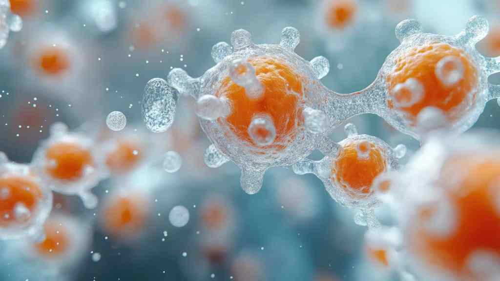 Close-up illustration of abstract orange and blue cells with a spiky surface structure, resembling viruses or bacteria, floating in a blurred, bluish background.